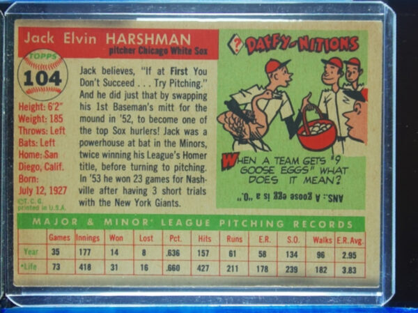 1955 Topps Jack Harshman #104 Sox - Image 3