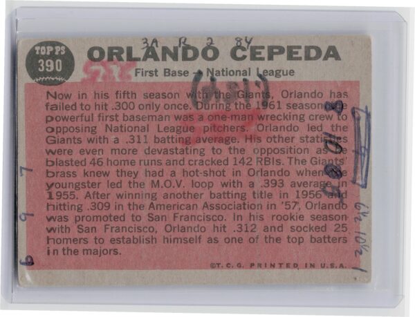 1962 Topps Orlando Cepeda #390 Giants - Image 3