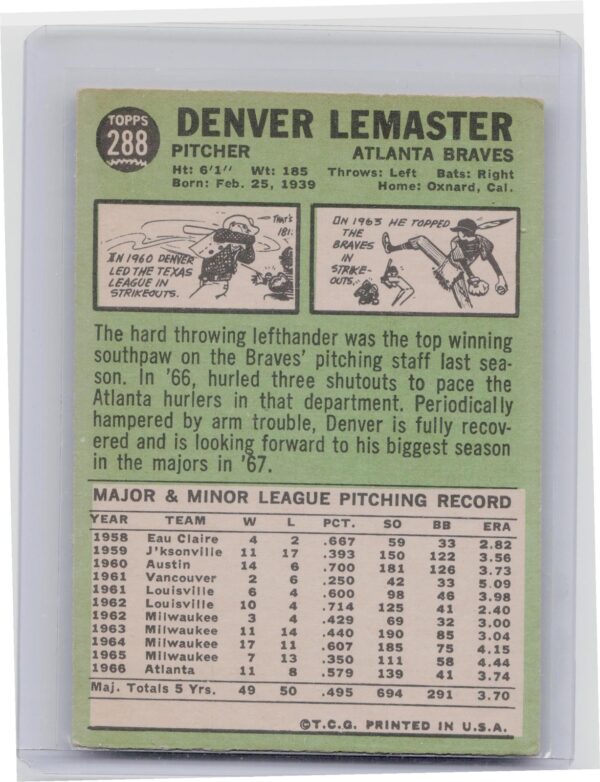 1967 Topps Denver Lemaster #288 Braves - Image 3