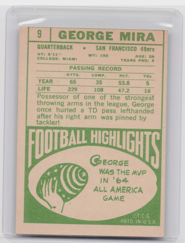 1968 Topps George Mira #9 49ers - Image 3