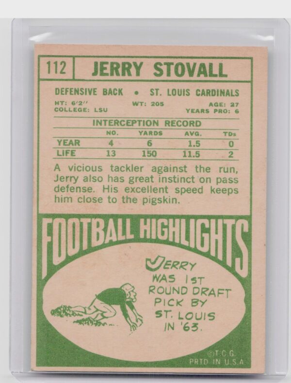1968 Topps Jerry Stovall #112 Cardinals - Image 3