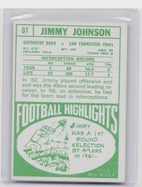 1968 Topps Jimmy Johnson #61 49ers - Image 3