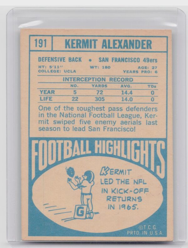 1968 Topps Kermit Alexander #191 49ers - Image 3