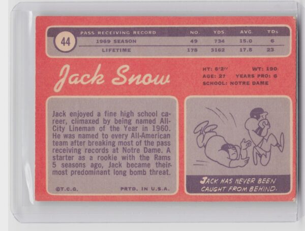 1970 Topps Jack Snow #44 Rams - Image 3