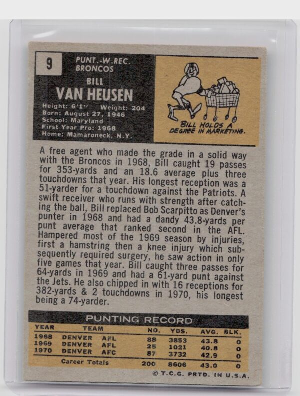 1971 Topps Bill Van Heusen RC #9 Broncos - Image 3