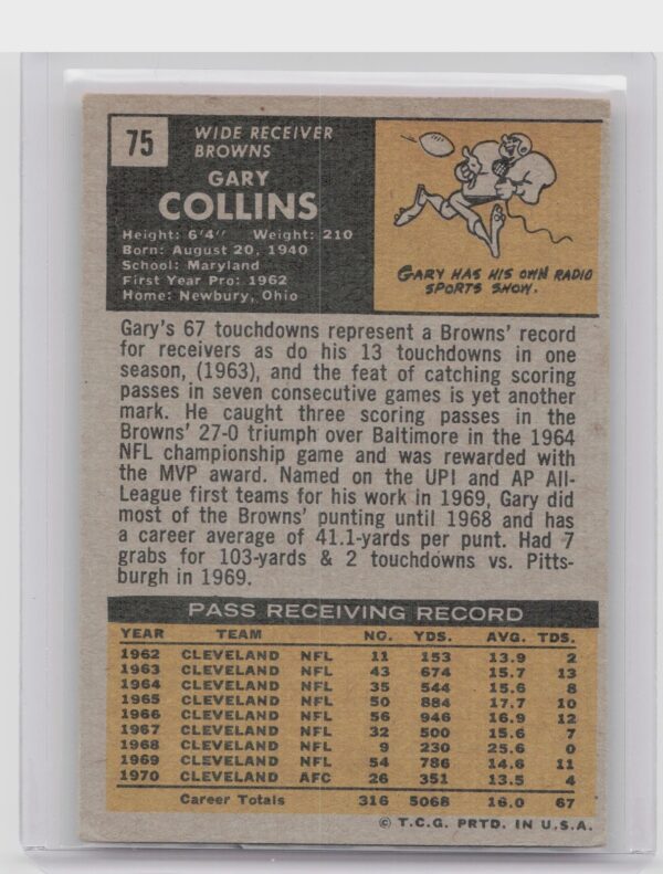 1971 Topps Gary Collins #75 Browns - Image 3