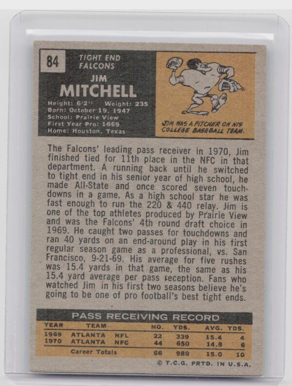 1971 Topps Jim Mitchell RC #84 Falcons - Image 3