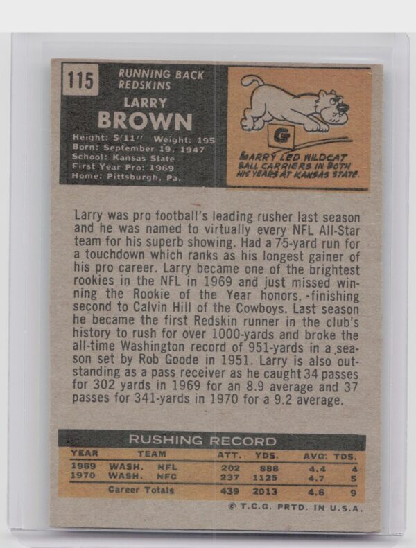 1971 Topps Larry Brown #115 Redskins - Image 3