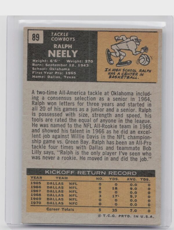 1971 Topps Ralph Neely #89 Cowboys - Image 3
