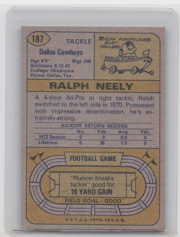 1974 Topps Ralph Neely #187 Cowboys - Image 3