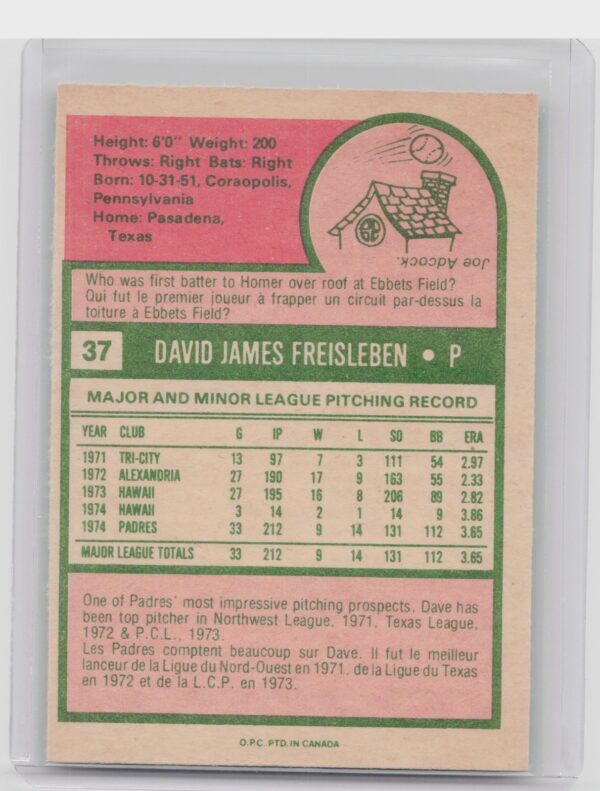 1975 Topps Dave Freisleben #37 Padres - Image 3