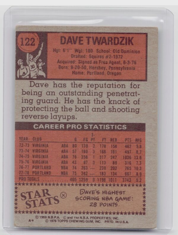 1978-79 Topps Dave Twardzik #122 Blazers - Image 3
