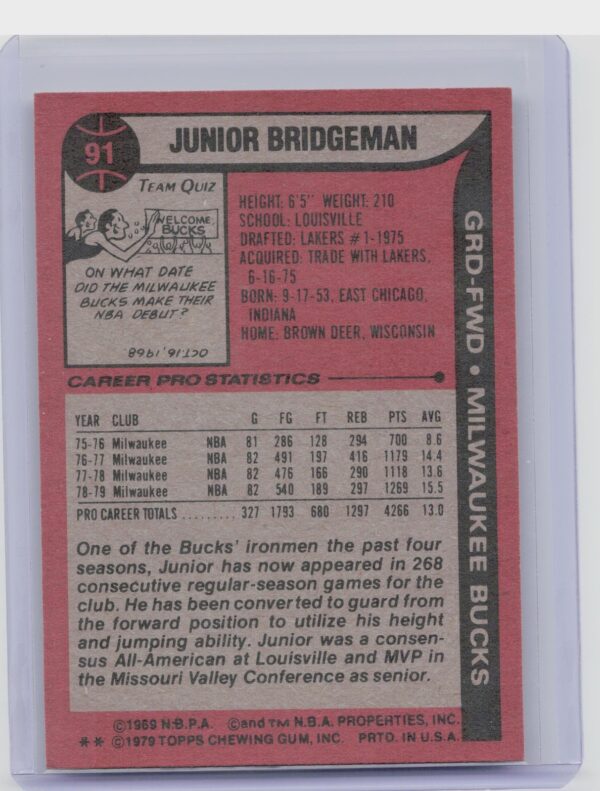 1979-80 Topps Junior Bridgeman #91 Bucks - Image 3