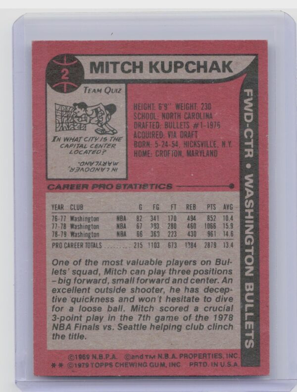 1979-80 Topps Mitch Kupchak #2 Bullets - Image 3