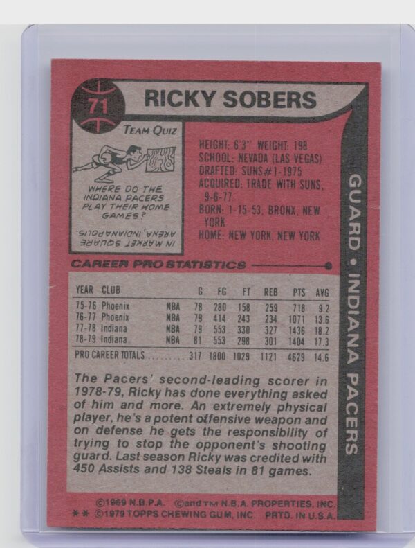 1979-80 Topps Ricky Sobers #71 Pacers - Image 3