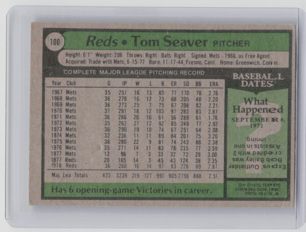 1979 Topps Tom Seaver #100 Reds - Image 3