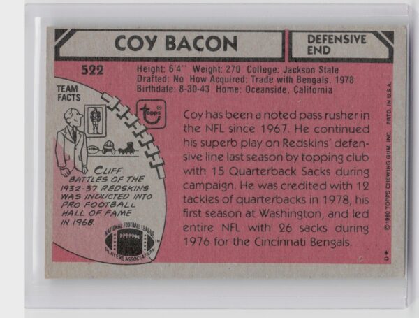 1980 Topps Coy Bacon #522 Redskins - Image 3