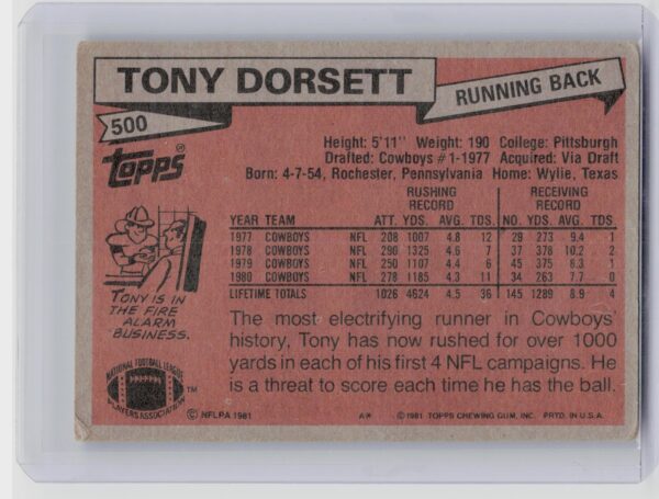 1981 Topps Tony Dorsett #500 Cowboys - Image 3