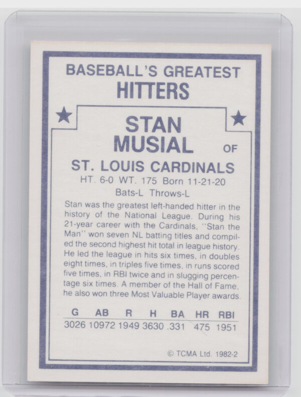 1982 TCMA Baseball's Greatest Hitters (White Back) Stan Musial #2 Cardinals - Image 3