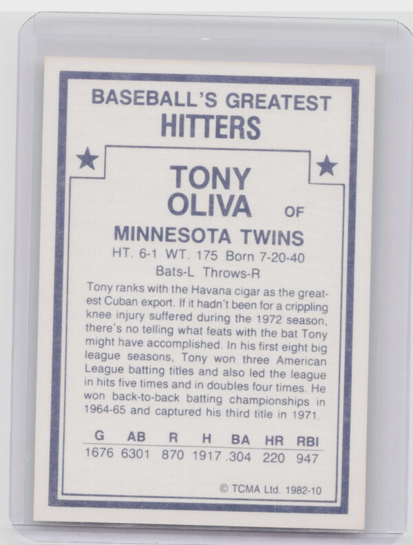 1982 TCMA Baseball's Greatest Hitters (White Back) Tony Oliva #10 Twins - Image 3