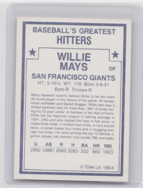 1982 TCMA Baseball's Greatest Hitters (White Back) Willie Mays #6 Giants - Image 3
