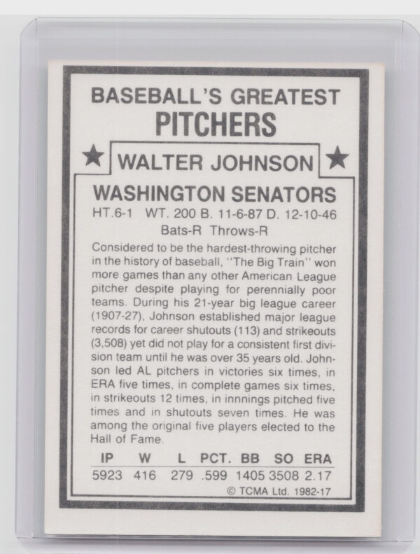 1982 TCMA Baseball's Greatest Pitchers (White Back) Walter Johnson #17 Senators - Image 3