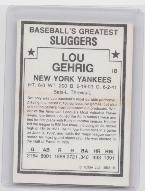 1982 TCMA Baseball's Greatest Sluggers (White Back) Lou Gehrig #19 Yankees - Image 3