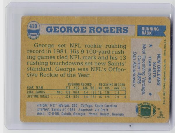 1982 Topps George Rogers RC #410 Saints - Image 3