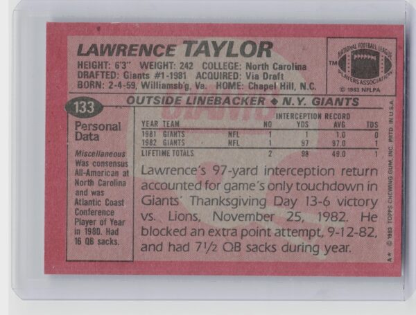 1983 Topps Lawrence Taylor #133 Giants - Image 3