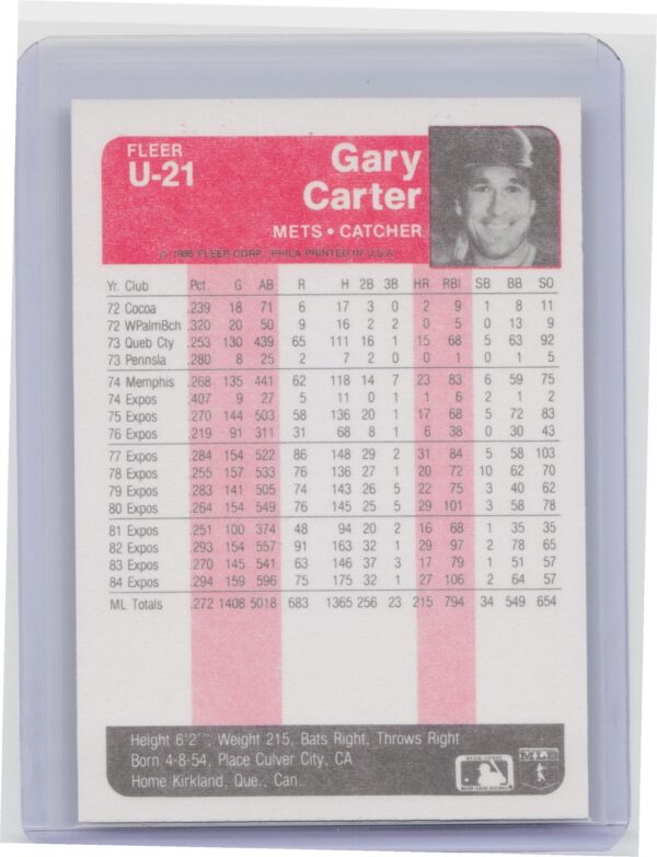 1985 Fleer Update Gary Carter #U-21 Mets - Image 3