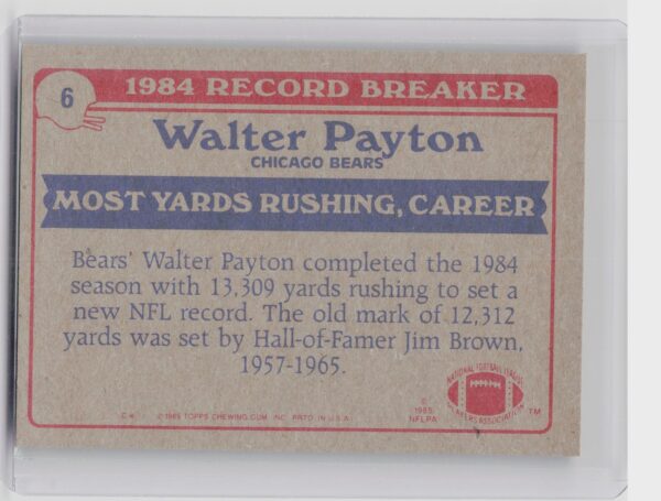 1985 Topps Walter Payton #6 Bears - Image 3