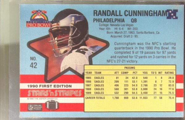 1990 Asher Candy Stars 'n Stripes Randall Cunningham #42 Eagles - Image 3