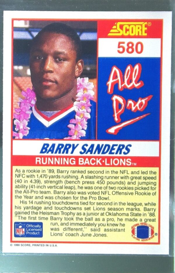1990 Score Barry Sanders #580 Lions - Image 3