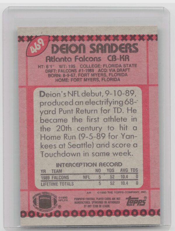 1990 Topps Deion Sanders VAR #469 Falcons - Image 3
