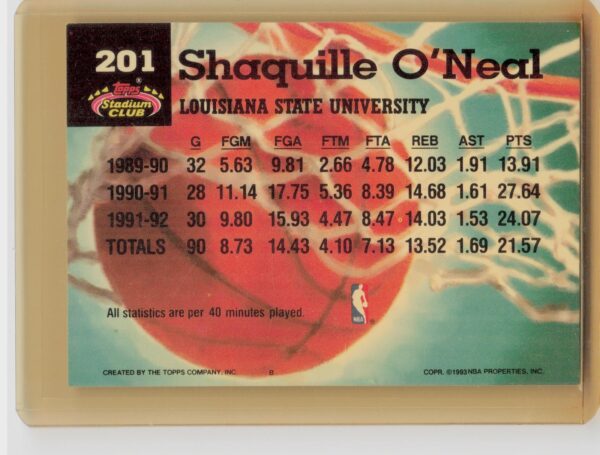 1992-93 Stadium Club Shaquille O'Neal #201 Magic - Image 3