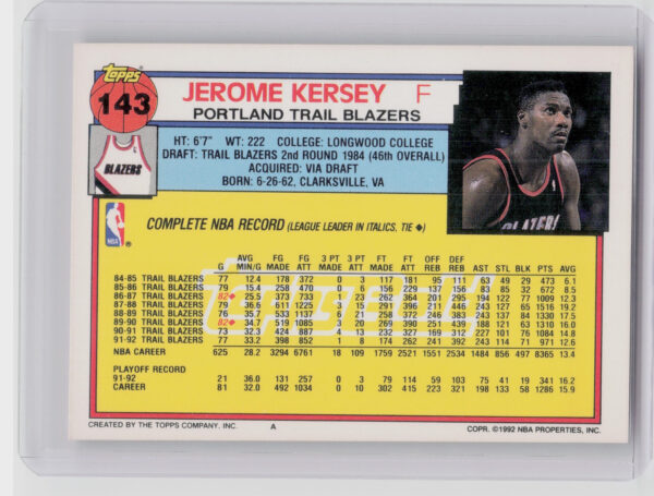 1992-93 Topps Jerome Kersey Gold #143 Blazers - Image 3