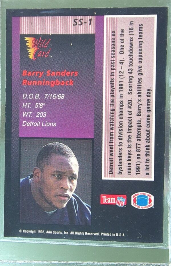 1992 Wild Card Barry Sanders #SS-1 Lions Stat Smashers - Image 3