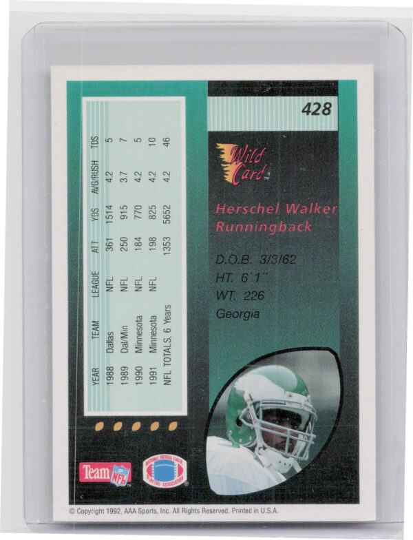 1992 Wild Card Herschel Walker 10 Stripe #428 Eagles - Image 3