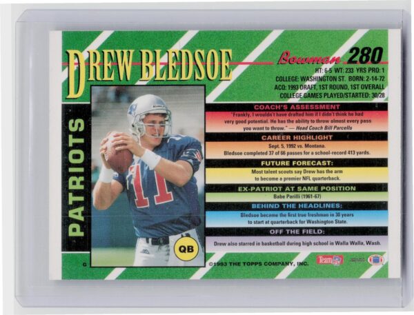 1993 Bowman Drew Bledsoe #280 Patriots - Image 3