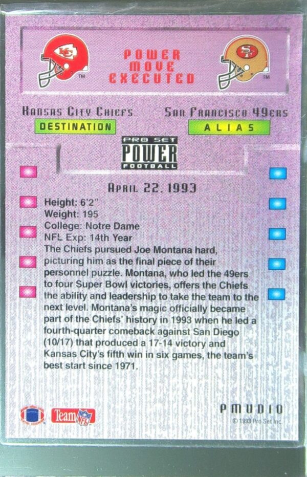 1993 Pro Set Power Update Joe Montana #PMUD10 Chiefs Power Moves - Image 3