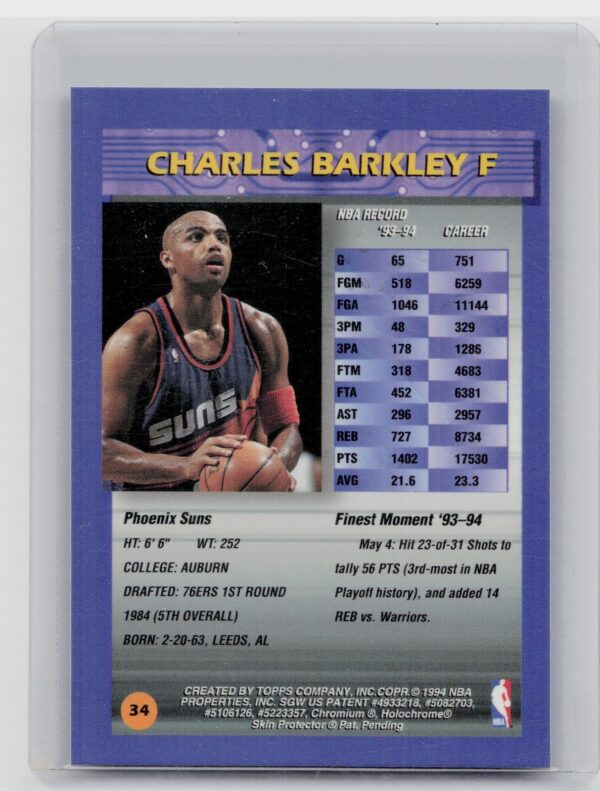 1994-95 Finest Charles Barkley #34 Suns - Image 3