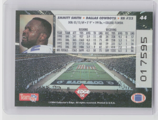1994 Collector's Edge Emmitt Smith Boss Squad Silver #44 Cowboys - Image 3