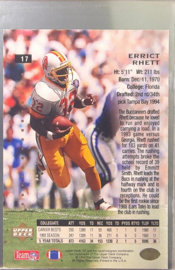 1994 SP Errict Rhett RC #17 Buccaneers - Image 3