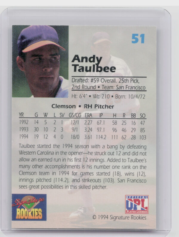 1994 Signature Rookies Draft Picks Andy Taulbee AU SN7750 #51 Giants Signatures - Image 3