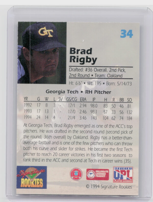 1994 Signature Rookies Draft Picks Brad Rigby AU SN7750 #34 Athletics Signatures - Image 3