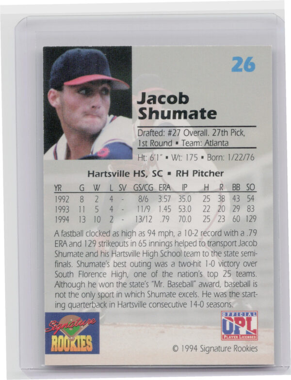 1994 Signature Rookies Draft Picks Jacob Shumate AU SN7750 #26 Braves Signatures - Image 3