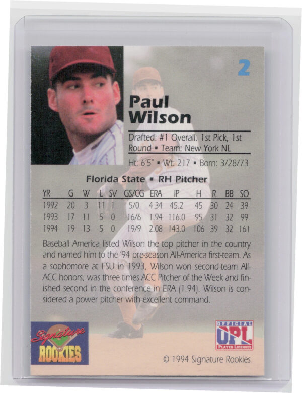 1994 Signature Rookies Draft Picks Paul Wilson AU SN7750 #2 Mets Signatures - Image 3