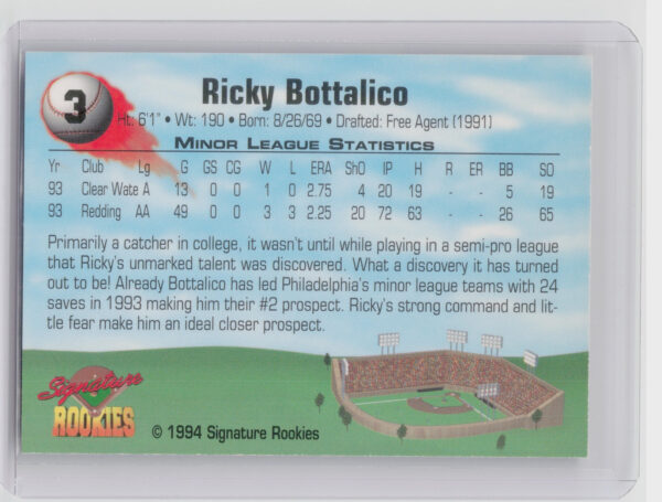 1994 Signature Rookies Ricky Bottalico AU SN8650 #3 Phillies Authentic Signature - Image 3