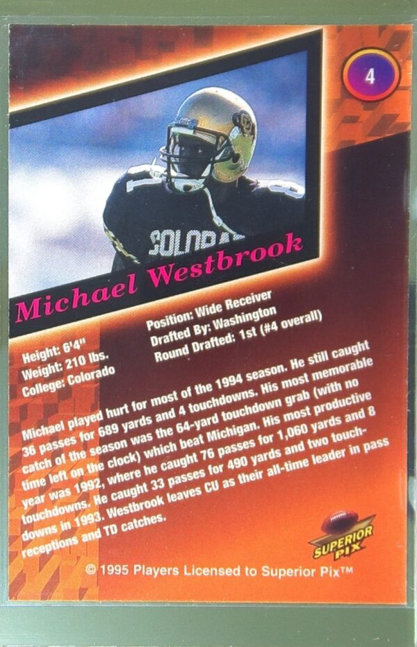 1995 Superior Pix Draft Michael Westbrook RC #4 Redskins - Image 3