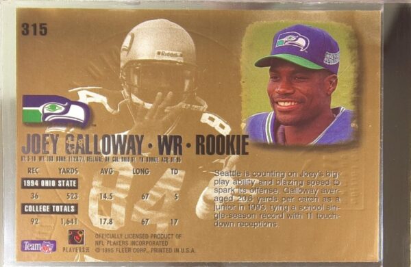 1995 Ultra Joey Galloway Gold Medallion #315 Seahawks - Image 3